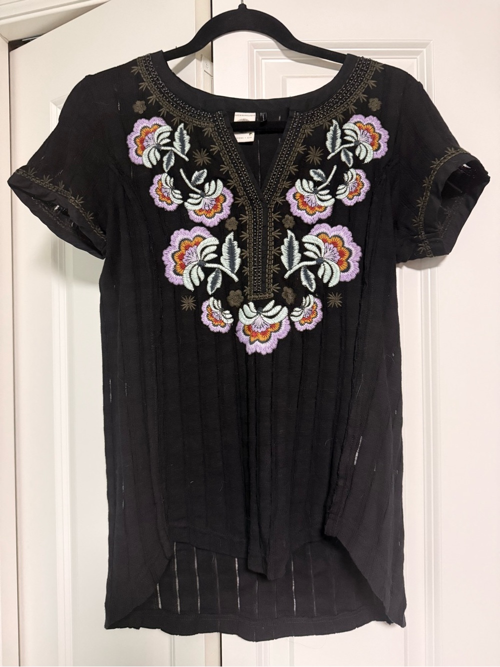 Anthropologie Black Embroidered Floral top